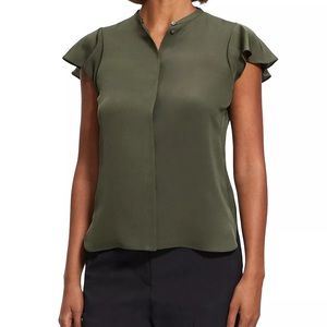 Theory Silk Ruffle Sleeve Top in Dark Olive (P)